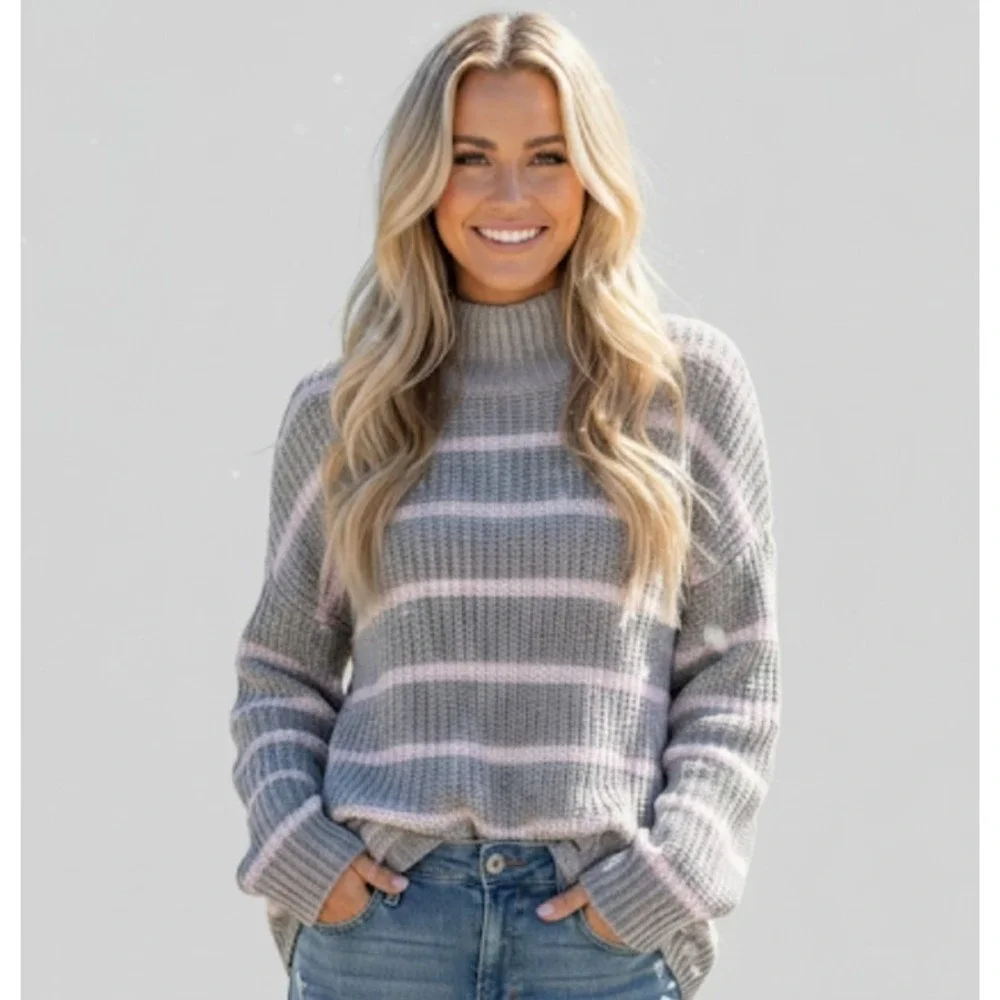 Caslon Shaker Mock Neck Sweater In Grey- Pink Stripe S cozy warm 365